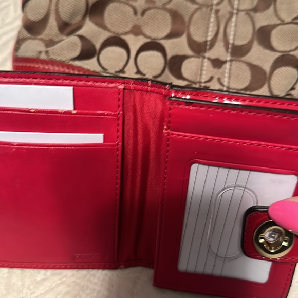 Coach Signature 2pc Set Tan and Red Wallet and Shoulder Bag - Picture 9 of 14
